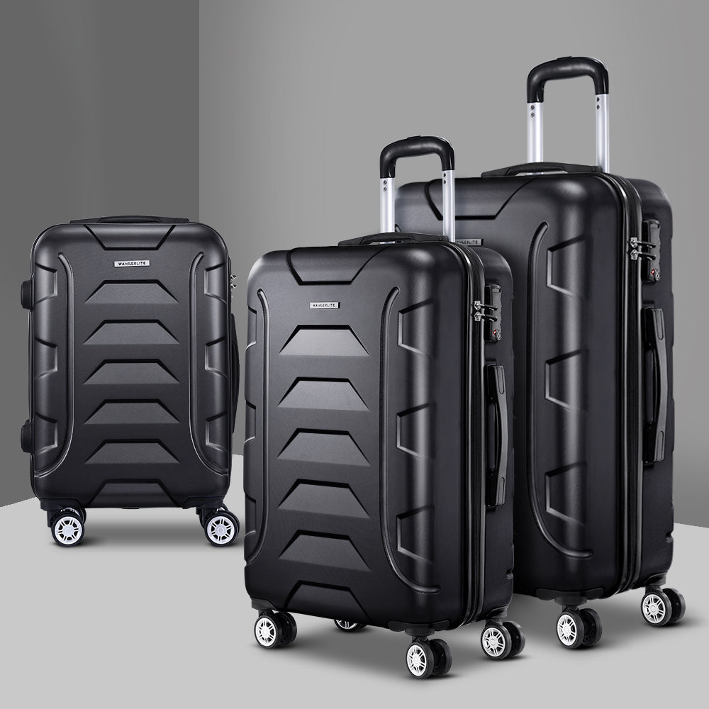 Ensemble de 3 valises à roulettes Wanderlite, valise rigide légère noire, conforme aux normes TSA