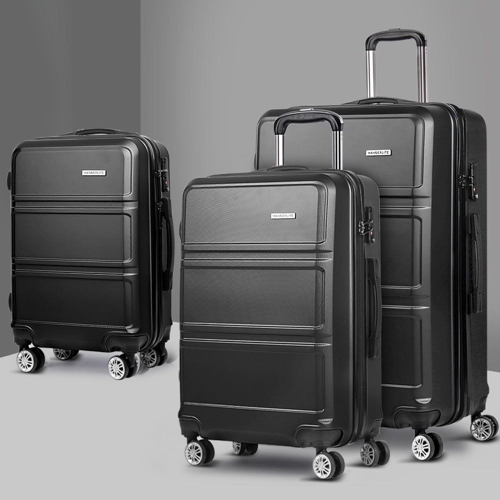 Ensemble de valise à roulettes Wanderlite 3 pièces, valise cabine rigide légère noire, conforme aux normes TSA