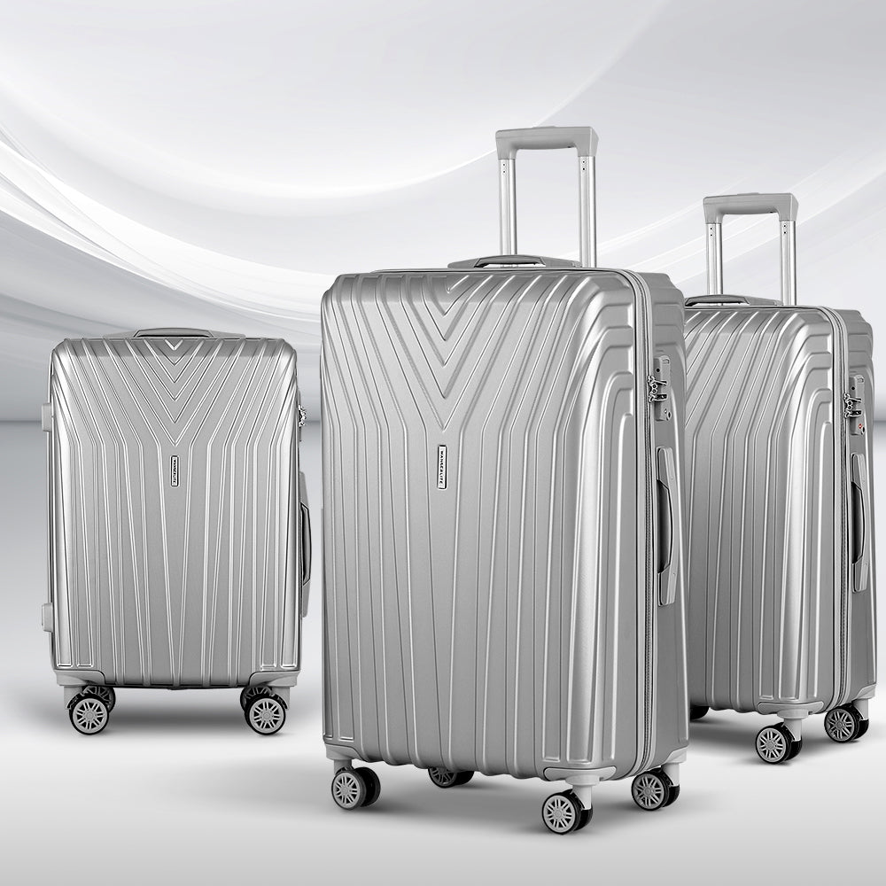 Ensemble de 3 valises à roulettes Wanderlite, valise cabine rigide TSA argentée et légère