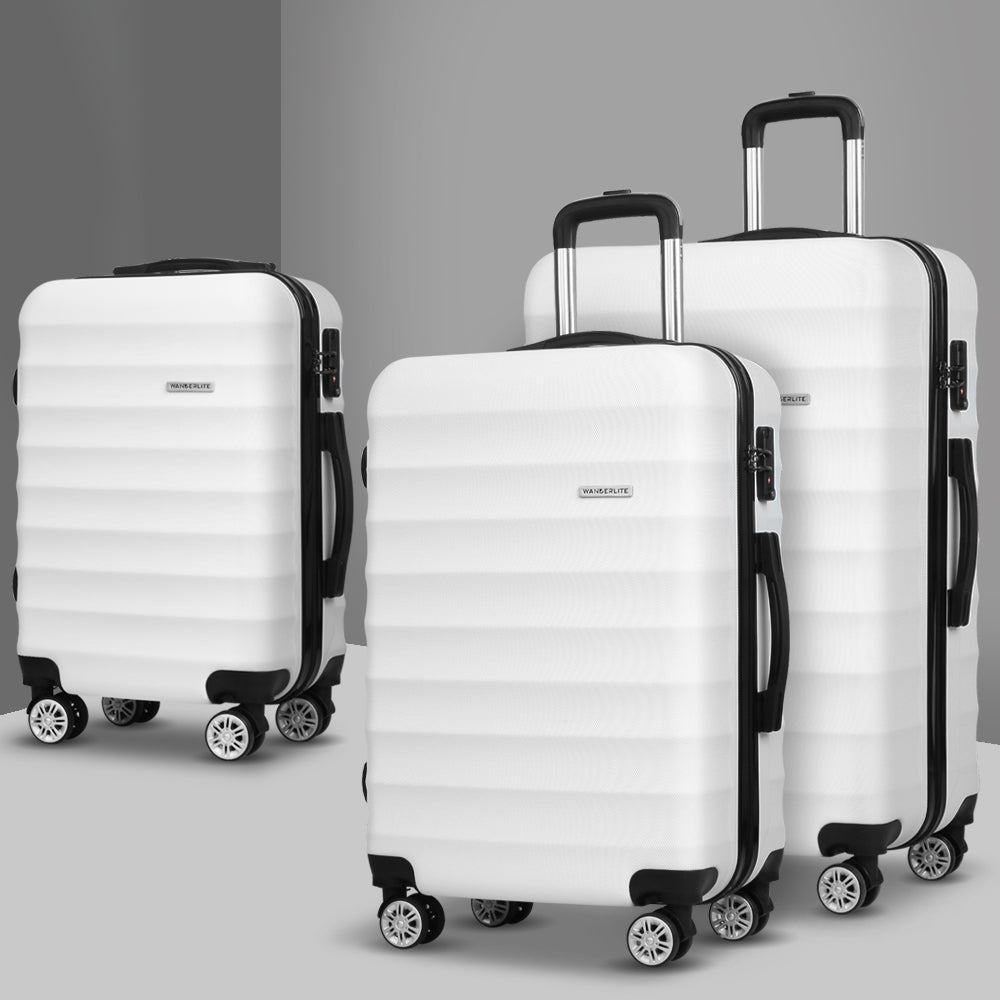 Ensemble de 3 valises à roulettes Wanderlite, étui rigide avec sangle et ceinture TSA, blanc