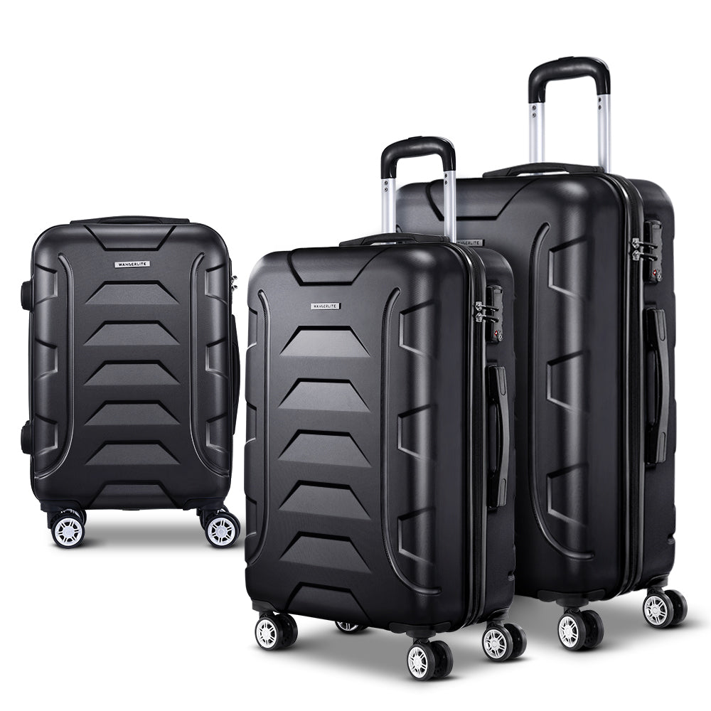 Ensemble de 3 valises à roulettes Wanderlite, valise rigide légère noire, conforme aux normes TSA