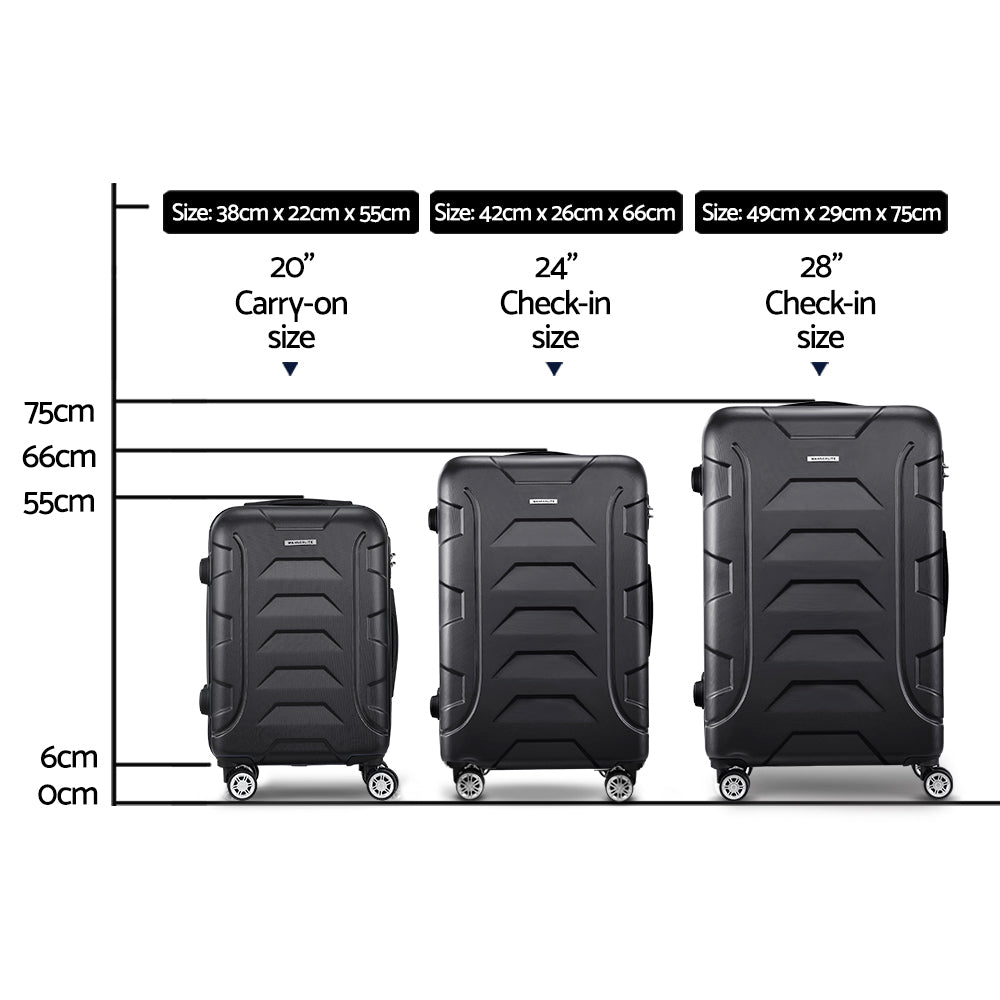 Ensemble de 3 valises à roulettes Wanderlite, valise rigide légère noire, conforme aux normes TSA