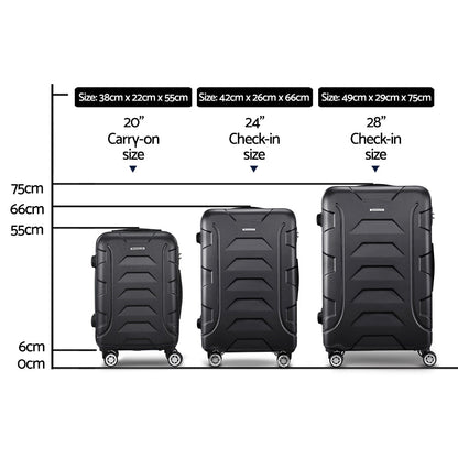 Ensemble de 3 valises à roulettes Wanderlite, valise rigide légère noire, conforme aux normes TSA