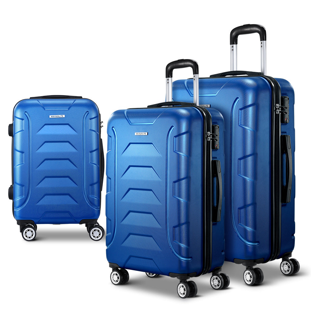 Ensemble de 3 valises à roulettes Wanderlite avec sangle bleue et porte-bagages rigide TSA