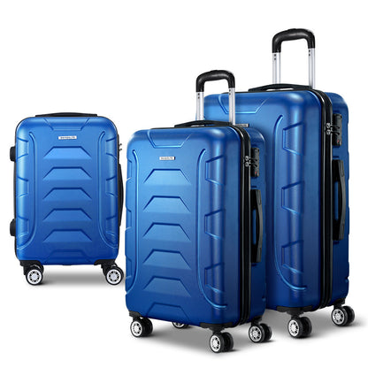 Ensemble de 3 valises à roulettes Wanderlite avec sangle bleue et porte-bagages rigide TSA