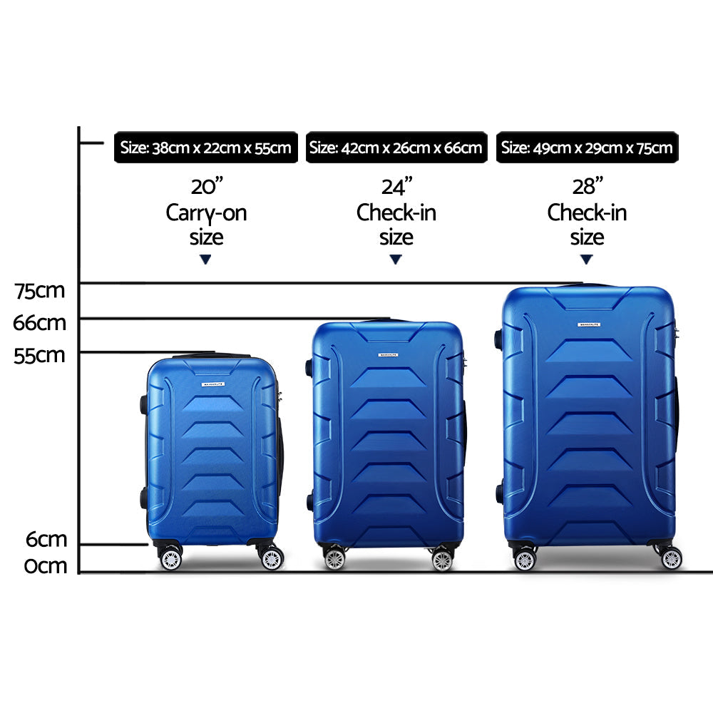 Ensemble de 3 valises à roulettes Wanderlite avec sangle bleue et porte-bagages rigide TSA