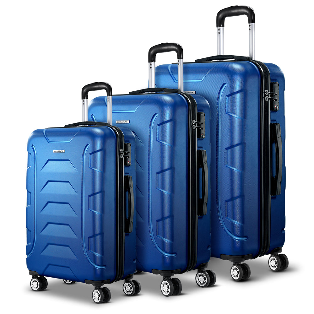 Ensemble de 3 valises à roulettes Wanderlite avec sangle bleue et porte-bagages rigide TSA
