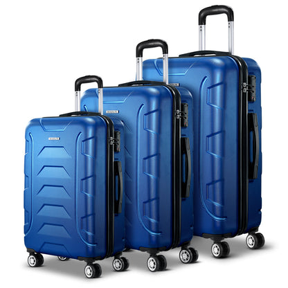 Ensemble de 3 valises à roulettes Wanderlite avec sangle bleue et porte-bagages rigide TSA