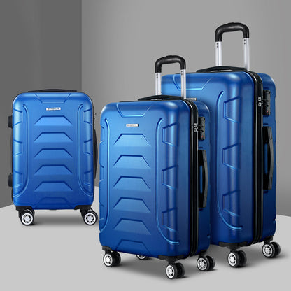 Ensemble de 3 valises à roulettes Wanderlite avec sangle bleue et porte-bagages rigide TSA
