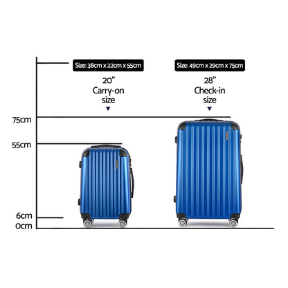 Ensemble de voyage Wanderlite 2 pièces : valise à roulettes, bagage cabine, étui rigide léger bleu conforme aux normes TSA