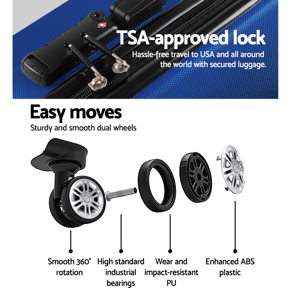 Ensemble de voyage Wanderlite 2 pièces : valise à roulettes, bagage cabine, étui rigide léger bleu conforme aux normes TSA