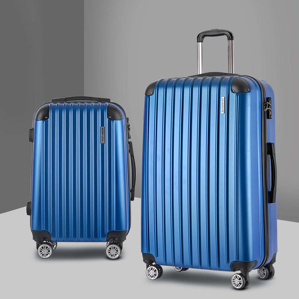 Ensemble de voyage Wanderlite 2 pièces : valise à roulettes, bagage cabine, étui rigide léger bleu conforme aux normes TSA