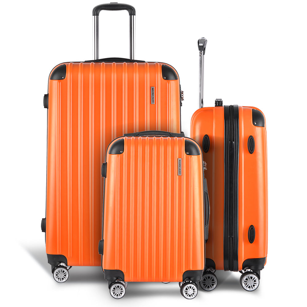 Ensemble de voyage Wanderlite 3 pièces : valise à roulettes, bagage cabine, serrure TSA, étui rigide, léger, orange