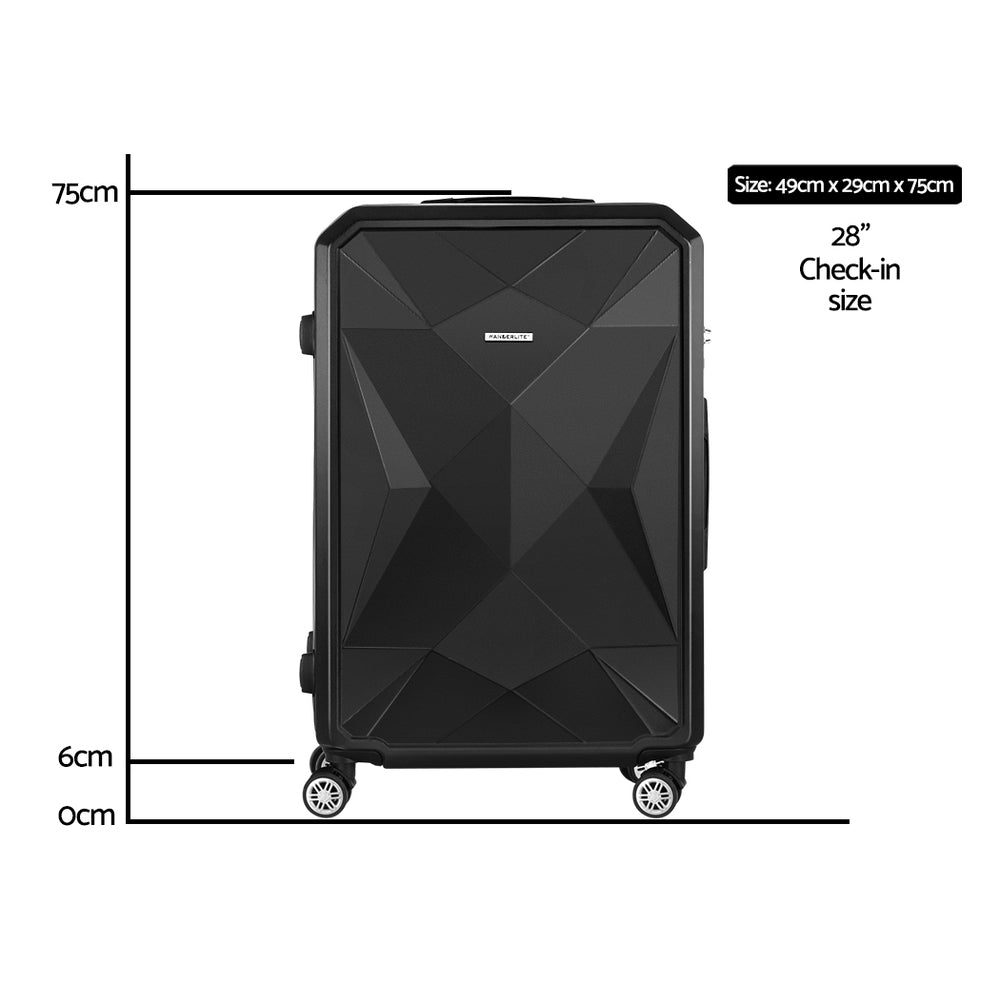 Valise trolley Wanderlite 28 pouces (75 cm), format cabine, coque rigide noire, conforme aux normes TSA.
