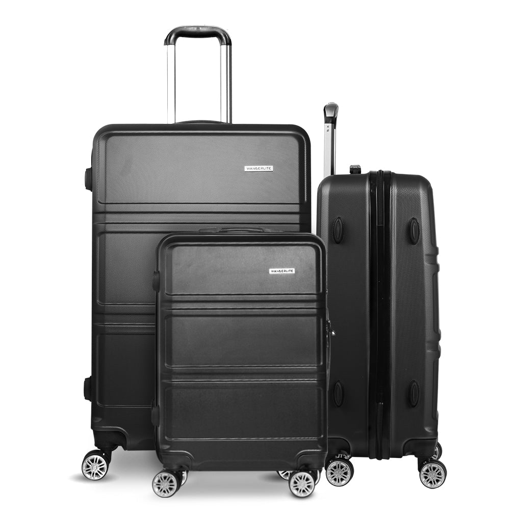 Ensemble de valise à roulettes Wanderlite 3 pièces, valise cabine rigide légère noire, conforme aux normes TSA
