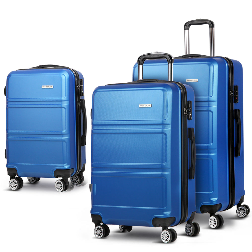Ensemble de valise à roulettes Wanderlite 3 pièces, valise cabine rigide légère bleue, conforme aux normes TSA 