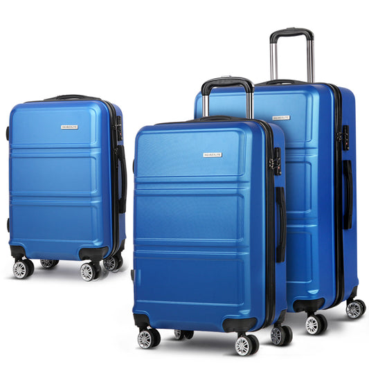 Ensemble de valise à roulettes Wanderlite 3 pièces, valise cabine rigide légère bleue, conforme aux normes TSA 