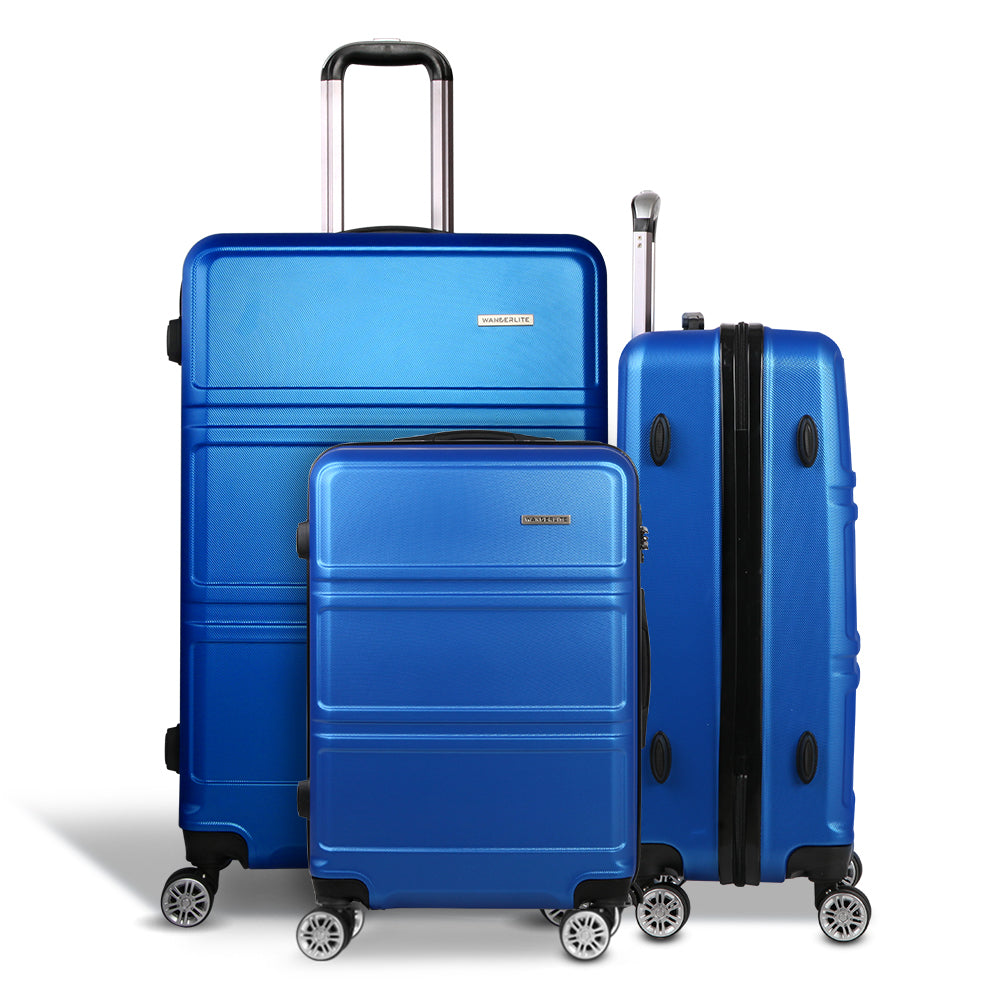 Ensemble de valise à roulettes Wanderlite 3 pièces, valise cabine rigide légère bleue, conforme aux normes TSA 