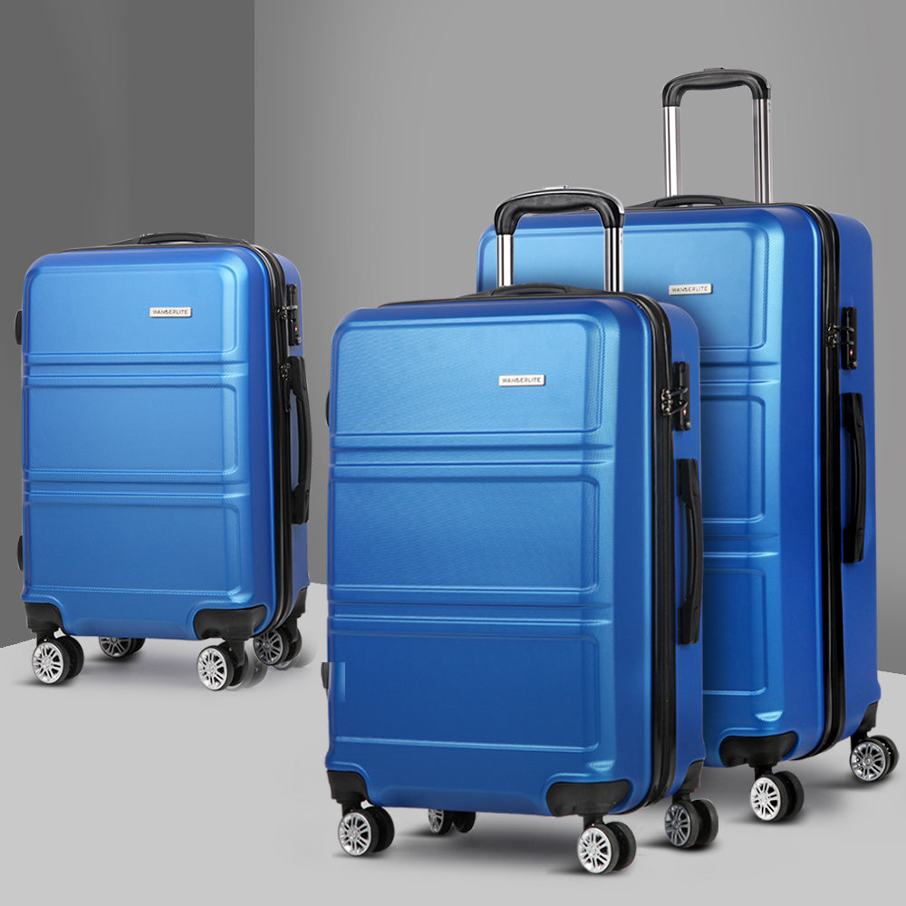 Ensemble de valise à roulettes Wanderlite 3 pièces, valise cabine rigide légère bleue, conforme aux normes TSA 