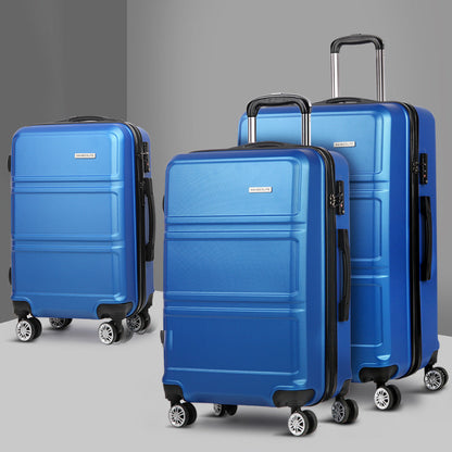 Ensemble de valise à roulettes Wanderlite 3 pièces, valise cabine rigide légère bleue, conforme aux normes TSA 