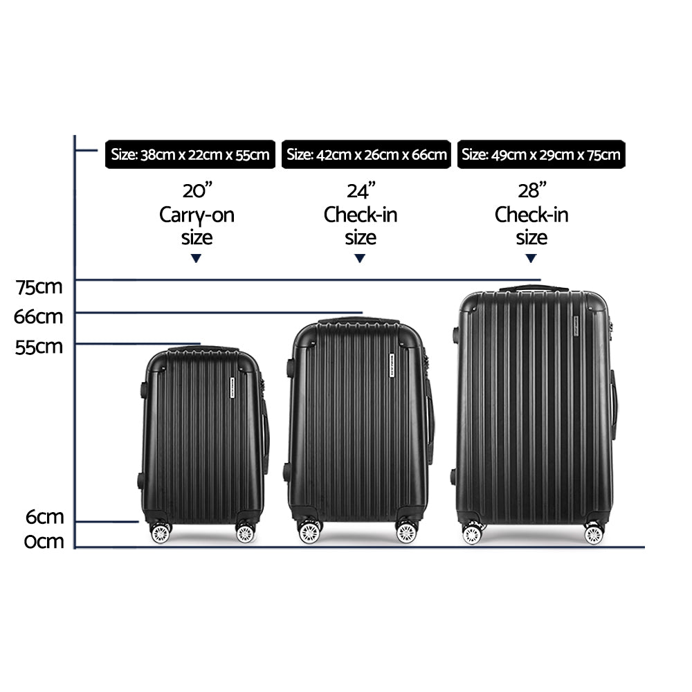 Ensemble de 3 valises à roulettes Wanderlite, organisateur de rangement pour bagages cabine, valise rigide légère TSA noire