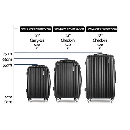Ensemble de 3 valises à roulettes Wanderlite, organisateur de rangement pour bagages cabine, valise rigide légère TSA noire
