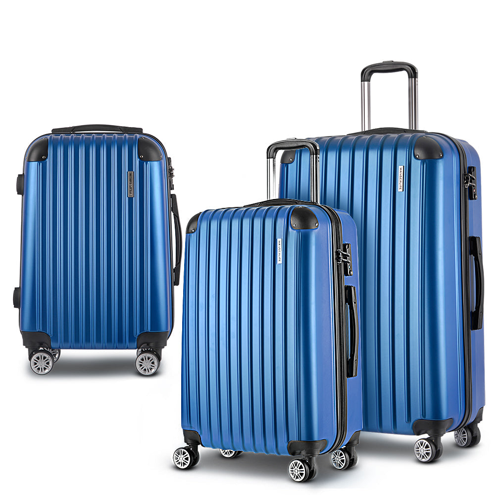 Ensemble de 3 valises à roulettes Wanderlite, organisateur de rangement pour bagages cabine, valise rigide légère bleue conforme aux normes TSA