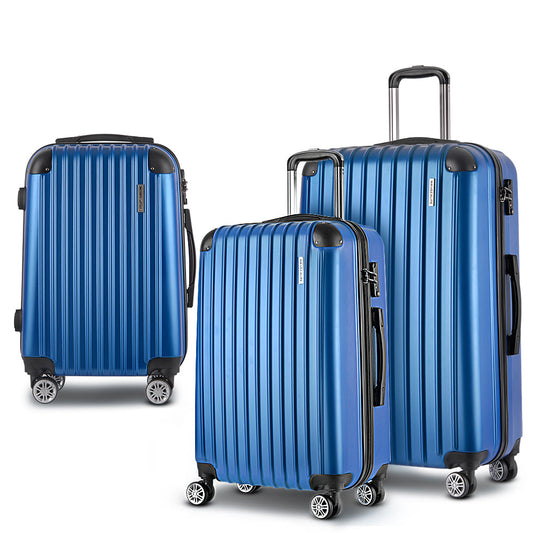 Ensemble de 3 valises à roulettes Wanderlite, organisateur de rangement pour bagages cabine, valise rigide légère bleue conforme aux normes TSA
