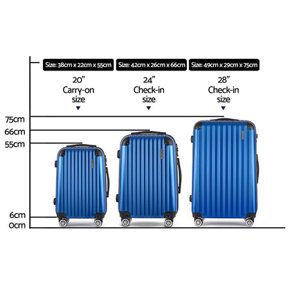 Ensemble de 3 valises à roulettes Wanderlite, organisateur de rangement pour bagages cabine, valise rigide légère bleue conforme aux normes TSA