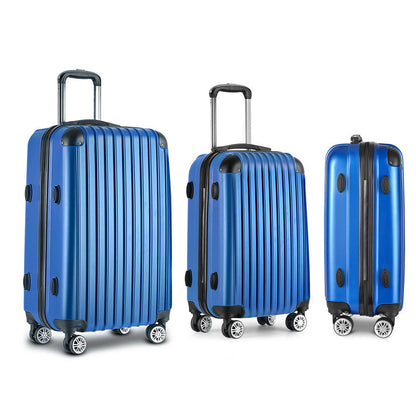 Ensemble de 3 valises à roulettes Wanderlite, organisateur de rangement pour bagages cabine, valise rigide légère bleue conforme aux normes TSA