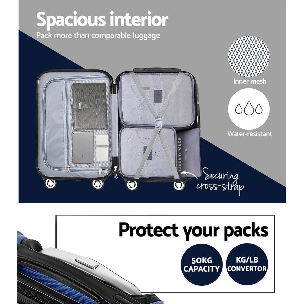Ensemble de 3 valises à roulettes Wanderlite, organisateur de rangement pour bagages cabine, valise rigide légère bleue conforme aux normes TSA