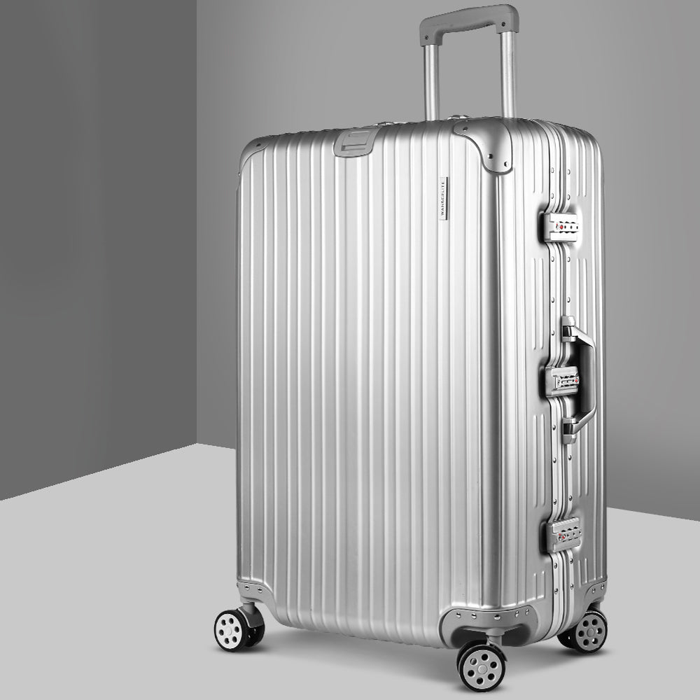 Ensemble valise à roulettes Wanderlite 28, conforme aux normes TSA, légère, en aluminium argenté 