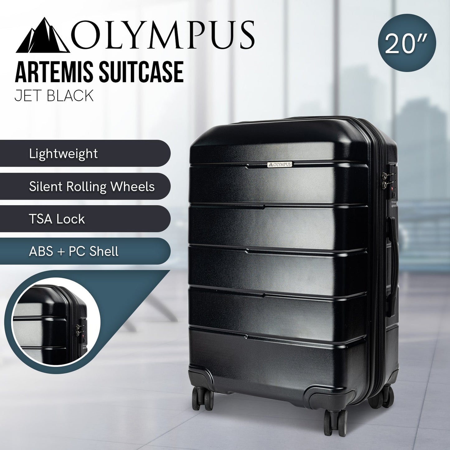 Valise rigide Olympus Artemis 20 pouces, ABS+PC, noir de jais