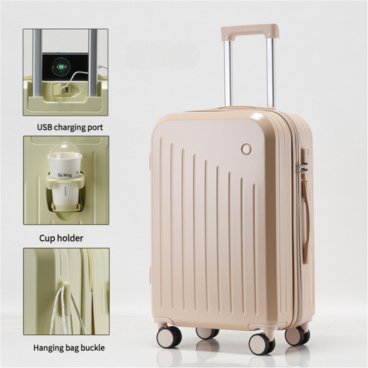 Valise cabine intelligente avec porte-gobelet et port de chargement USB - Valise à roulettes rose 20 pouces pour voyager en toute simplicité