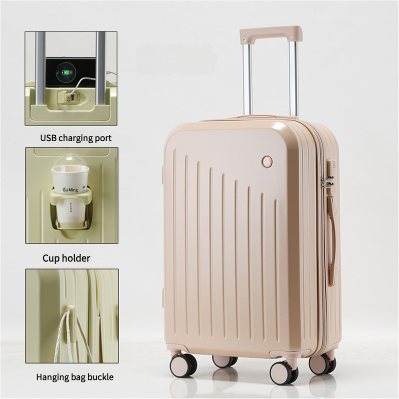 Valise cabine intelligente avec porte-gobelet et port de chargement USB - Valise à roulettes rose 24 pouces pour voyager en toute simplicité