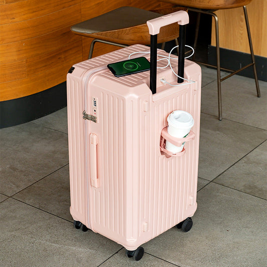 Valise rigide intelligente avec port de chargement USB et porte-gobelet - Valise à roulettes 24 pouces rose