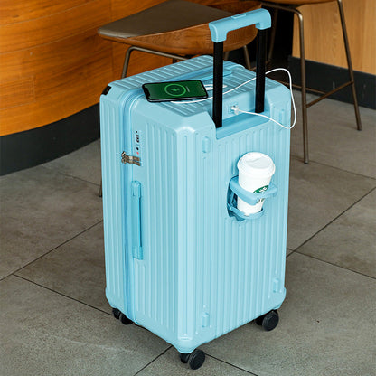 Valise rigide intelligente avec port de chargement USB et porte-gobelet - Valise à roulettes 24 pouces bleue