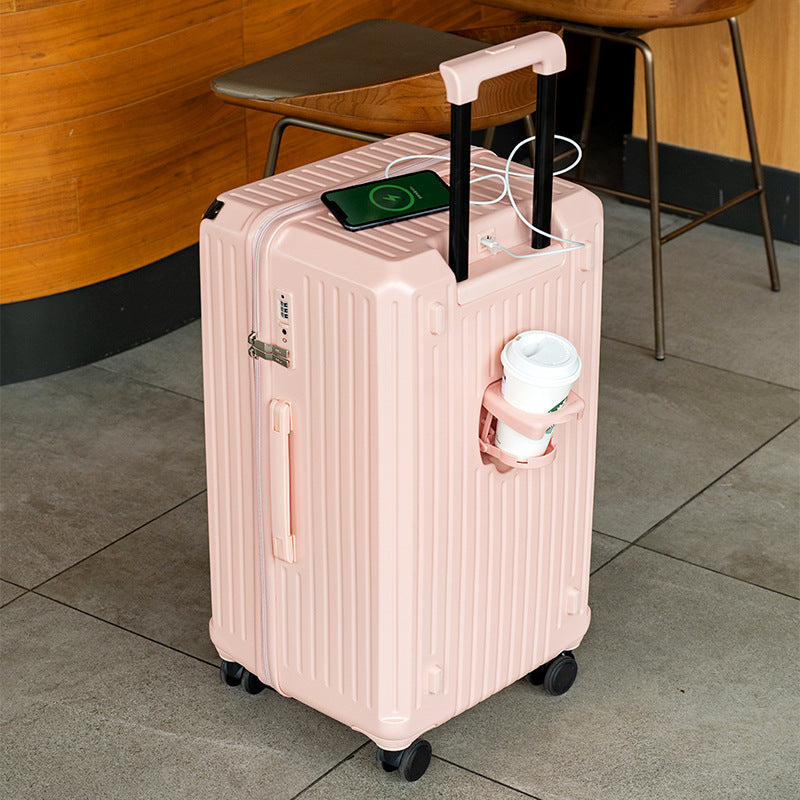 Valise rigide intelligente avec port de chargement USB et porte-gobelet - Valise à roulettes 20 pouces rose