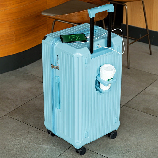 Valise rigide intelligente avec port de chargement USB et porte-gobelet - Valise à roulettes 20 pouces bleue