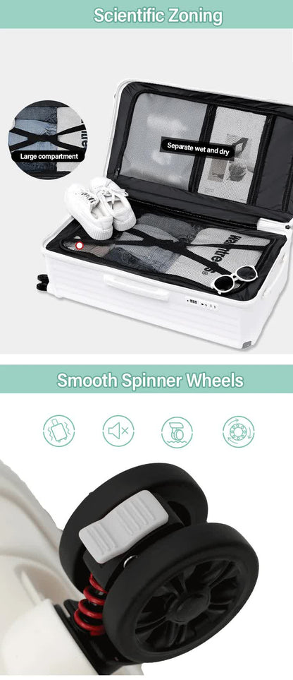 Valise rigide intelligente avec port de chargement USB et porte-gobelet - Valise à roulettes 20 pouces blanche